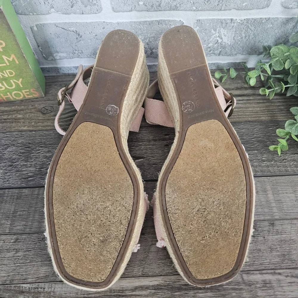 Lucky Brand Pink Canvas Espadrille Wedge‎ Sandals Women Size 10 Adjustable Strap